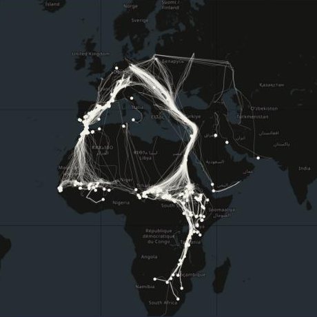 Karte: Zugwege besenderter Vögel von Europa über das Mittelmeer und die Sahara bis ins südliche Afrika